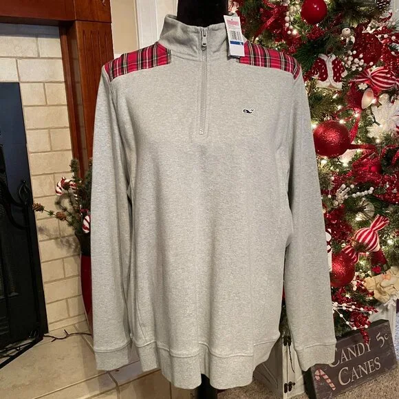 NWT Women's XL VINEYARD VINES Grey Heather Tartan Plaid 1/4 Zip - Picture 6 of 6